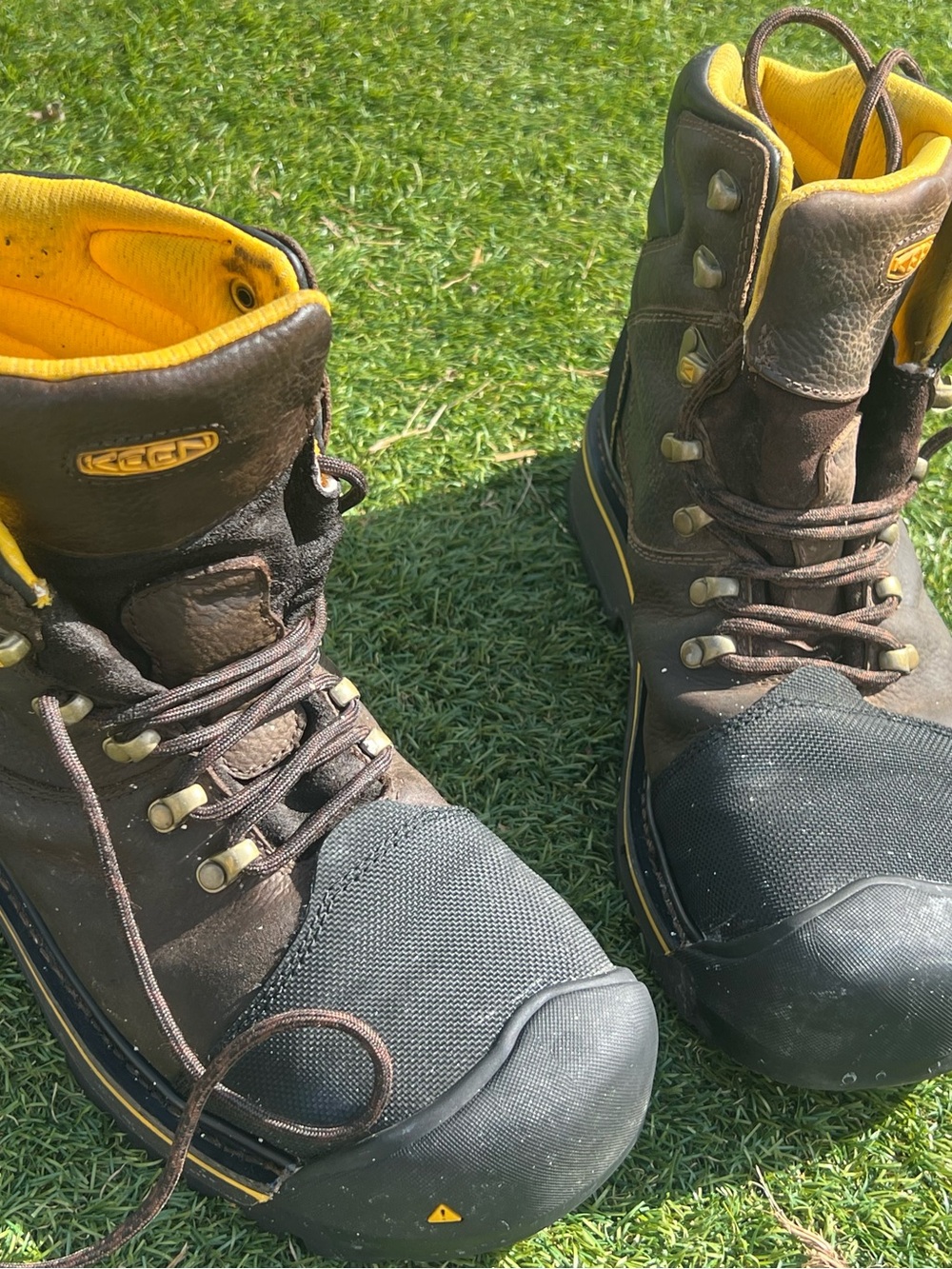 Keen Men's Brown Work Boots with Yellow Interior